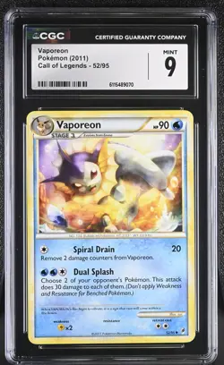 CGC MINT 9 Pokemon Vaporeon 52/95 2011 Call of Legends - Image 1