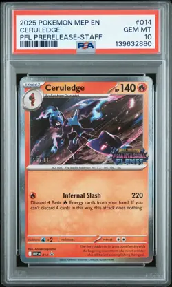 PSA 10 - Ceruledge 014 MEP Phantasmal Flames STAFF Stamped Promo Pokemon - Image 1