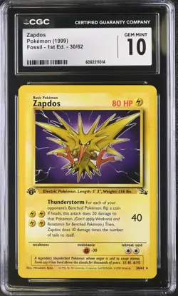 CGC 10 Zapdos 30/62 Rare 1st Edition Fossil Pokemon Card - Image 1