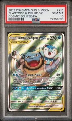 Pokemon Blastoise & Piplup GX Cosmic Eclipse Full Alt Art #215 PSA 10 Gem Mint - Image 1