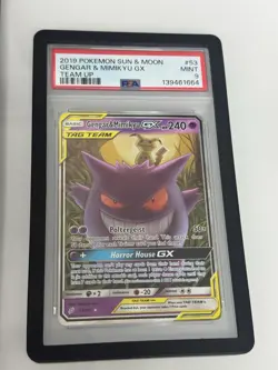 2019 POKEMON SUN & MOON TEAM UP #53 GENGAR & MIMIKYU GX PSA 9 - Image 1
