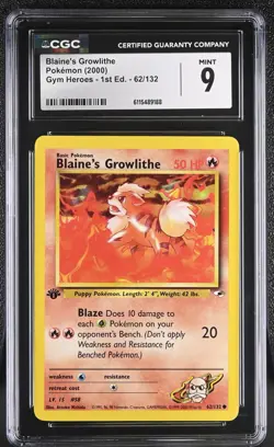 CGC MINT 9 Pokemon Blaine's Growlithe 62/132 2000 Gym Heroes 1st Edition - Image 1