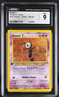 CGC MINT 9 Pokemon Unown L 86/105 2002 Neo Destiny 1st Edition - Image 1
