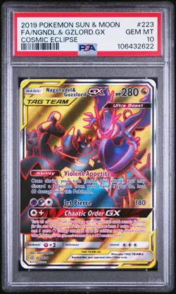2019 Pokemon Sun and Moon Cosmic Eclipse Guzzlord Gx/Naganadel #223 PSA 10 - Image 1