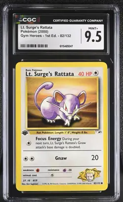 CGC MINT+ 9.5 Pokemon Lt. Surge's Rattata 82/132 2000 Gym Heroes 1st Edition - Image 1
