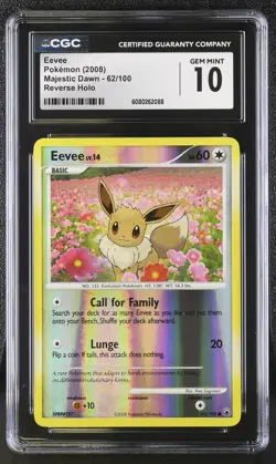 CGC 10 GEM MINT Eevee 2008 Majestic Dawn 62/100 Reverse Holo Pokemon Card - Image 1