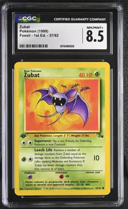 CGC NM/Mint+ 8.5 Pokemon Zubat 57/62 1999 Fossil 1st Edition - Image 1