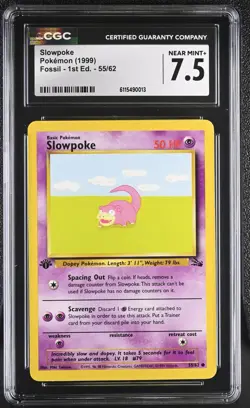 CGC NEAR MINT+ 7.5 Pokemon Slowpoke 55/62 1999 Fossil 1st Edition - Image 1