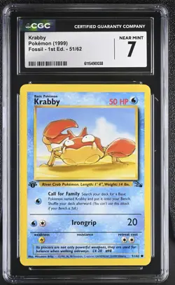 CGC NEAR MINT 7 Pokemon Krabby 51/62 1999 Fossil 1st Edition - Image 1