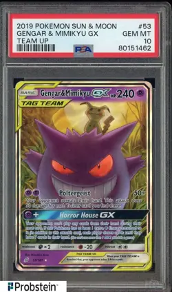 2019 Pokemon Sun & Moon Team Up #53 Gengar & Mimikyu GX PSA 10 GEM MINT - Image 1