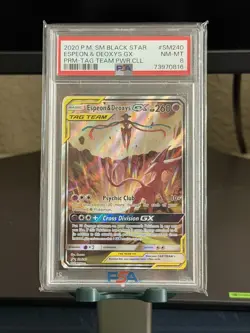 PSA 8 Espeon & Deoxys GX SM240 Black Star Promo TAG TEAM Holo Pokemon Card - Image 1