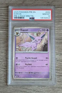 2025 POKEMON PRE EN-PRISMATIC EVOLUTIONS ESPEON #33 8-Pack Mini Tin PSA 10 POP 8 - Image 1