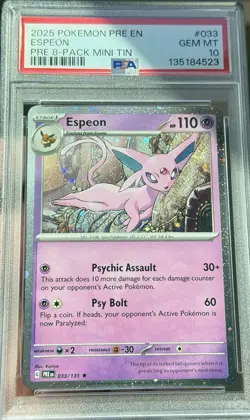 2025 POKEMON PRE EN-PRISMATIC EVOLUTIONS ESPEON #33 8-Pack Mini Tin PSA 10 POP 8 - Image 2