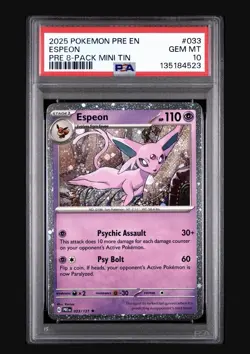 2025 POKEMON PRE EN-PRISMATIC EVOLUTIONS ESPEON #33 8-Pack Mini Tin PSA 10 POP 8 - Image 3