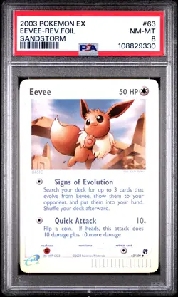 2003 POKEMON EX SANDSTORM 63 EEVEE-REVERSE FOIL PSA 8 NEAR MINT - Image 1