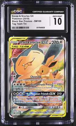CGC 10 GEM MINT Eevee & Snorlax GX Black Star Promo SM169 Tag Team Pokemon Card - Image 1