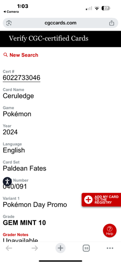CGC 10 GEM MINT Ceruledge 040/091 Cosmos Holo Pokemon Day Promo 2024 Card - Image 5