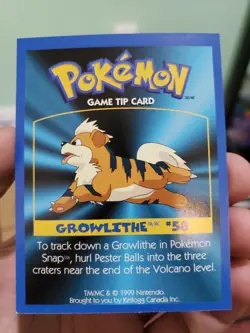 Pokemon: GROWLITHE #58 [Game Tip Card] [Kellogg's Canada Cereal Promo (1999)] NM - Image 1