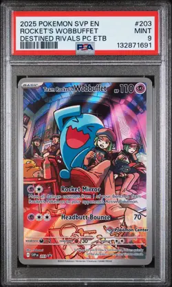 2025 POKEMON DESTINED RIVALS POKEMON CENTER ETB TEAM ROCKET'S WOBBUFFET PSA 9 - Image 1