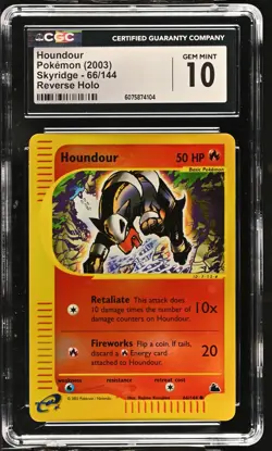 CGC 10 GEM MINT Houndour 2003 Skyridge 66/144 Reverse Holo Pokemon Card - Image 1