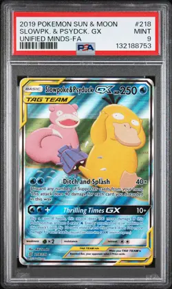2019 POKEMON SUN & MOON UNIFIED MINDS #218 FULL ART/SLOWPOKE & PSYDUCK GX PSA 9 - Image 1