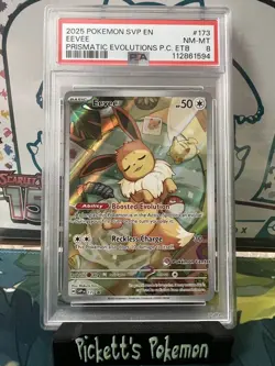 2025 POKEMON PRISMATIC EVOLUTIONS POKEMON CENTER ETB PROMO SVP #173 EEVEE PSA 8 - Image 1