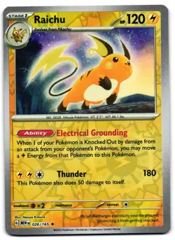 Raichu 026/165 - 151 Rare Pokemon TCG Reverse Holo - M/LP Card - Image 1