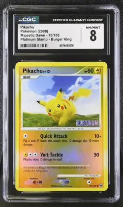 CGC 8 Pikachu 2008 Majestic Dawn 70/100 Platinum Stamp Burger King Pokemon Card - Image 1
