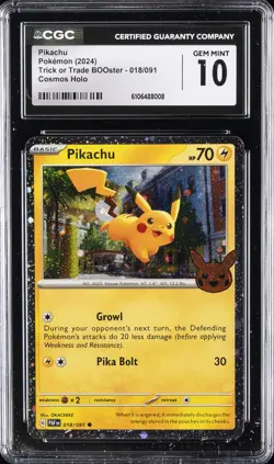 2024 POKEMON TRICK OR TRADE BOOSTER COSMOS HOLO #018/091 PIKACHU CGC 10 GEM MINT - Image 1