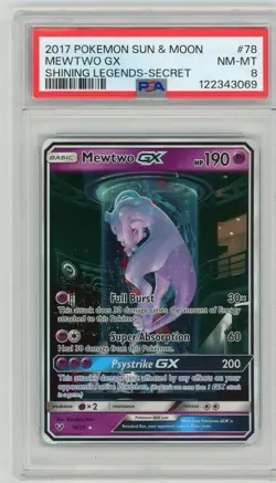 2017 Pokemon Sun & Moon Shining Legends Mewtwo GX Full Art #78 PSA 8 - Image 1
