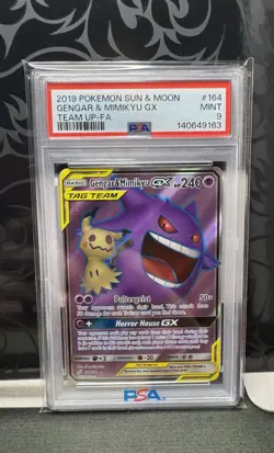 2019 Pokemon Sun And Moon Gengar & Mimikyu GX Team Up Full Art PSA 9 - Image 1