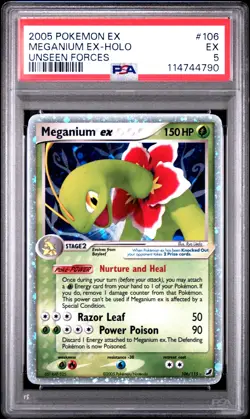 2005 POKEMON EX UNSEEN FORCES #106 MEGANIUM EX-HOLO PSA 5 - Image 1