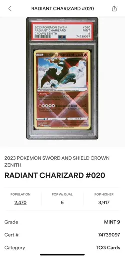 PSA 9 2023 Pokemon SWSH Radiant Charizard 020/159 CROWN ZENITH #20 MINT Graded - Image 3