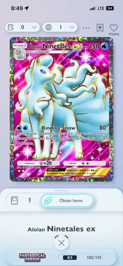 Pokemon TCG Pocket - Alolan Ninetales Full Art 2⭐, Fantastical Parade, English - Image 1