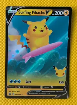 Surfing Pikachu V 008/025 Celebrations 25th Anniversary Pokemon Card - Image 1