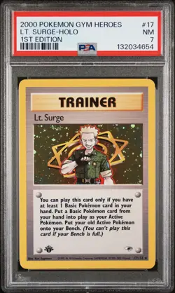 PSA 7 NM - Lt. Surge - Holo 17 Gym Heroes 1ST Edition - Pokemon TCG - Image 1
