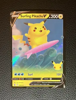 Pokemon TCG Surfing Pikachu v Celebrations Holo Ultra Rare Card 008/025 - Image 1