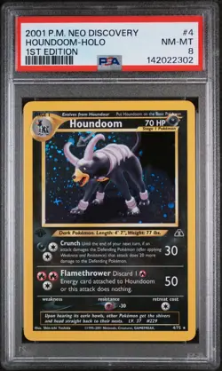 New Cert Pokemon 1st Edition Houndoom 4 Holo Rare Neo Discovery PSA 8 W/ Swirl - Image 1