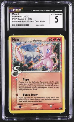 CGC 5 EXCELLENT Mew 2007 POP Series 5 Holo 3/17 Inverted Back Error Pokemon Card - Image 1