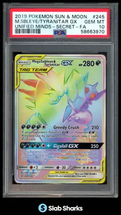 2019 POKEMON UNIFIED MINDS #245/236 MEGA SABLEYE & TYRANITAR GX TAG TEAM PSA 10 - Image 1