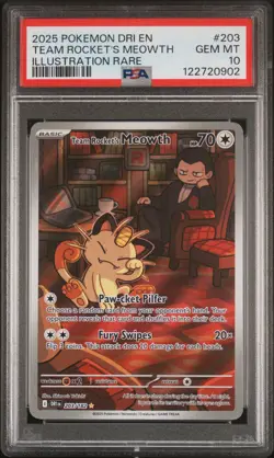 2025 POKEMON DRI EN-DESTINED RIVALS #203 TEAM ROCKET'S MEOWTH PSA 10 - Image 1