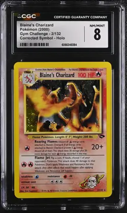 CGC 8 Blaine's Charizard Gym Challenge 2/132 Corrected Symbol Holo Pokemon Card - Image 1