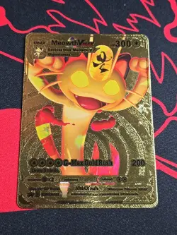 Pokemon MEOWTH VMAX SWSH005 GOLD FOIL Black Star PROMO Fan Art Custom Card - Image 1