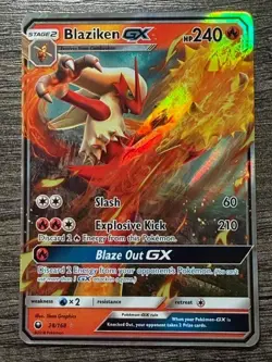 POKEMON BLAZIKEN GX 28/168 ULTRA RARE HOLO 2018 + NEW DARKRAI SLEEVE LP-NM - Image 1