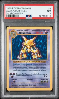 1999 POKEMON GAME SHADOWLESS #1 ALAKAZAM-HOLO PSA 7 - Image 1