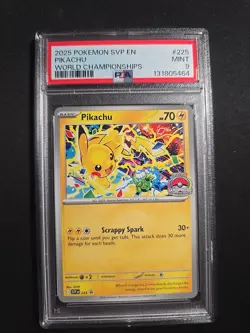 PIKACHU #225 2025 POKEMON SVP EN-SV WORLD CHAMPIONSHIPS BLACK STAR PROMO PSA 9 - Image 1