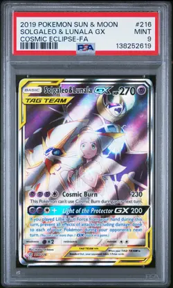 2019 POKEMON SUN & MOON COSMIC ECLIPSE #216 FULL ART/SOLGALEO & LUNALA GX PSA 9 - Image 1