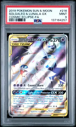 2019 POKEMON SUN & MOON COSMIC ECLIPSE #216 FULL ART/SOLGALEO & LUNALA GX PSA 9 - Image 1