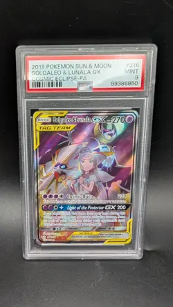 2019 Pokemon Sun & Moon Cosmic Eclipse #216 Full Art Solgaleo & Lunala GX PSA 9 - Image 1