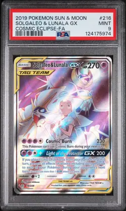 2019 POKEMON SUN & MOON COSMIC ECLIPSE #216 FULL ART/SOLGALEO & LUNALA GX PSA 9 - Image 1